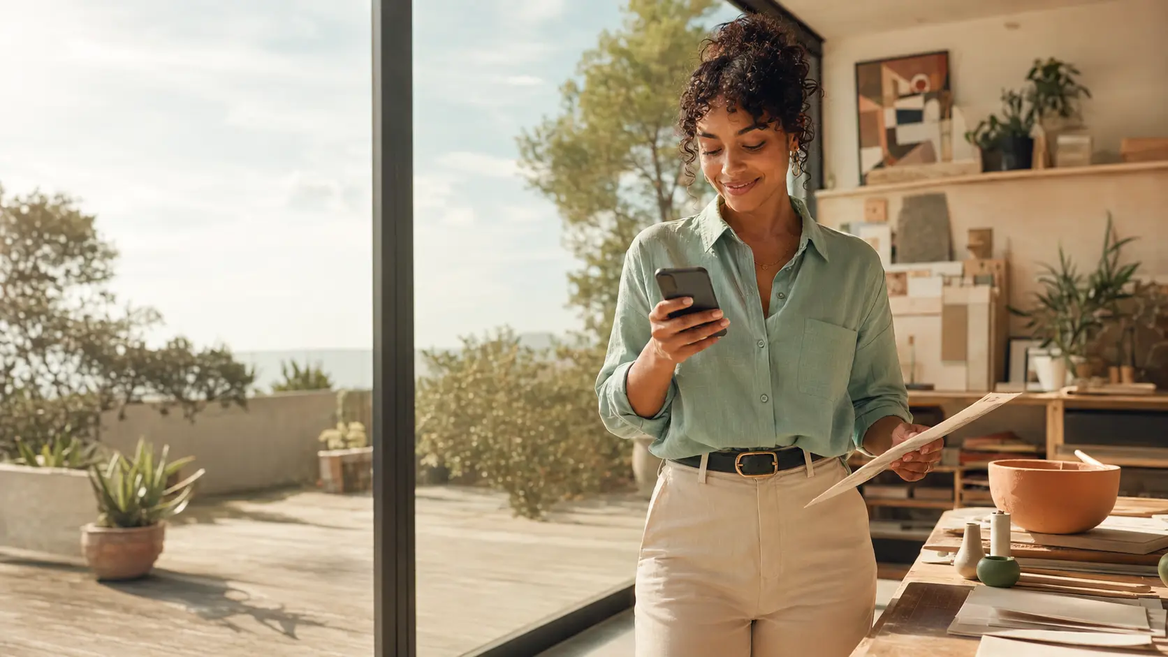 A ceramic artist using Sealed Energy on her phone while reviewing a document